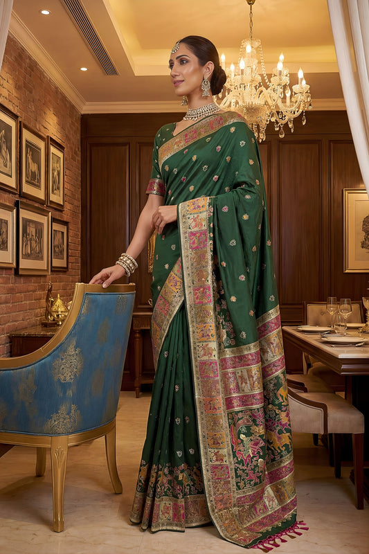 Dark Green Traditional Woven Silk Saree Rich Paithani Border