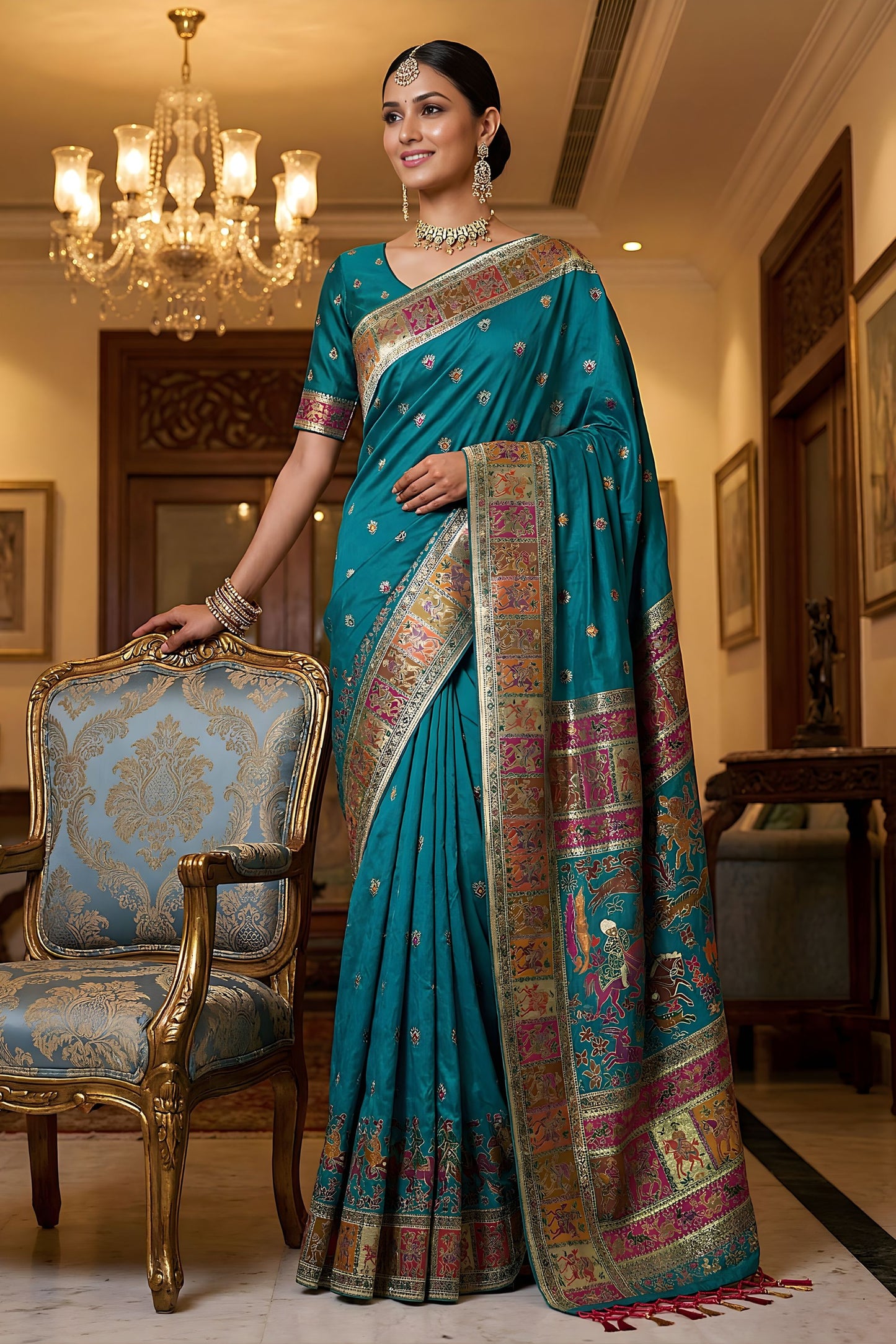 Graceful Teal Blue Traditional Woven Silk Saree with Rich Paithani Border