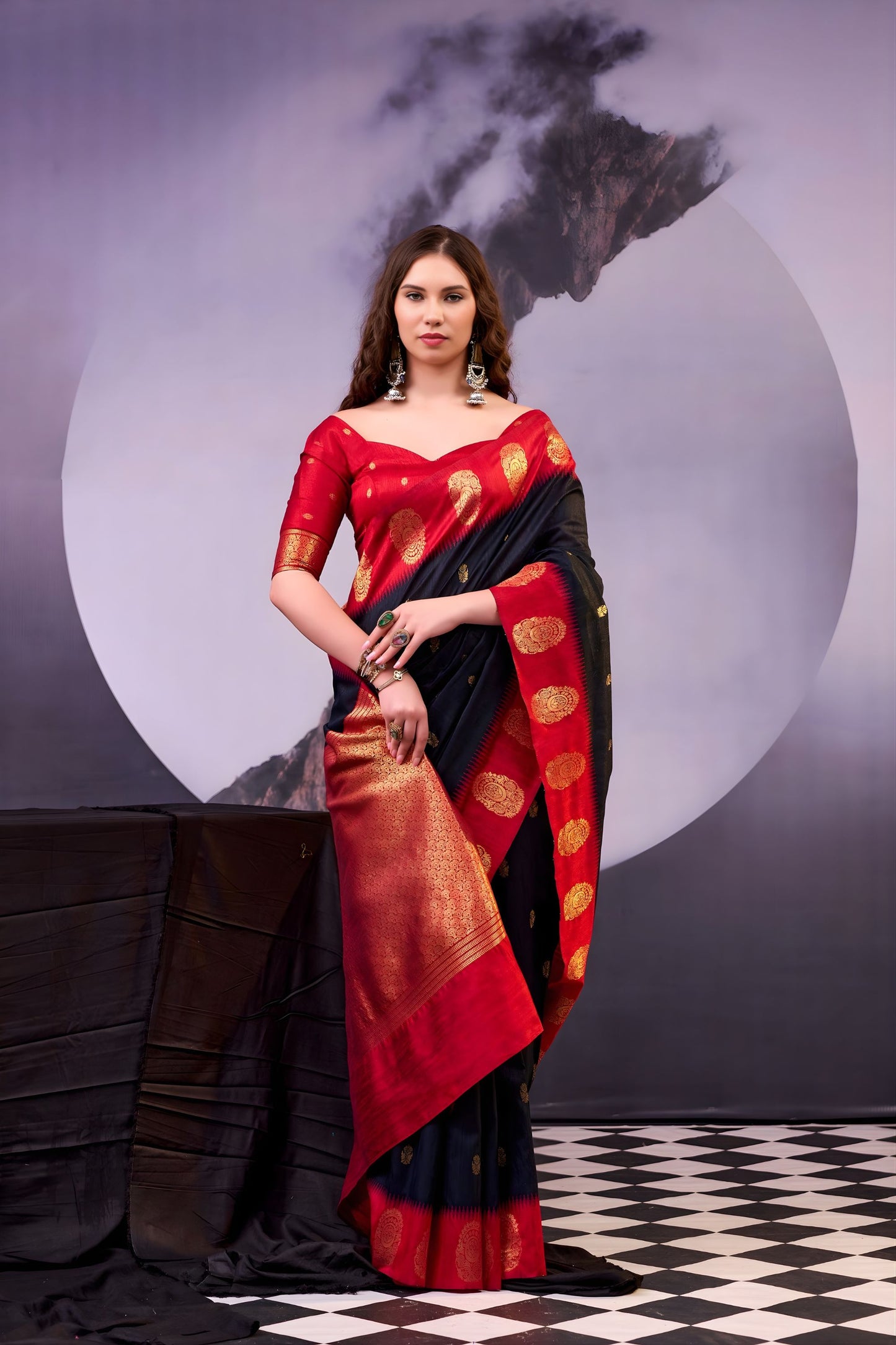 Black Red Banarasi Silk Saree Golden Zari Weaving Traditional Saree