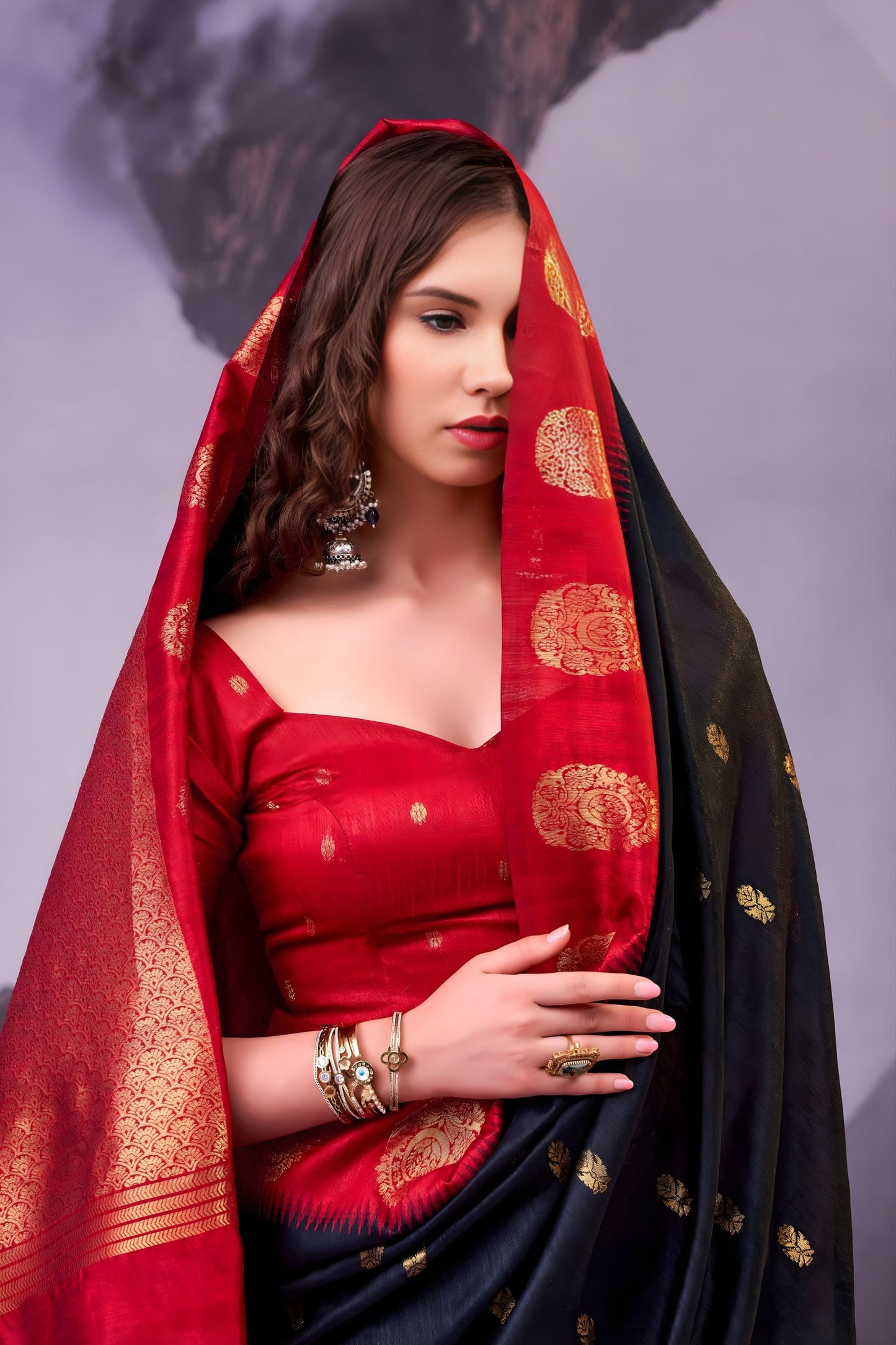 Black Red Banarasi Silk Saree Golden Zari Weaving Traditional Saree