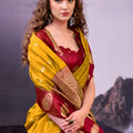 Mustard Yellow Red Banarasi Silk Saree Golden Zari Border