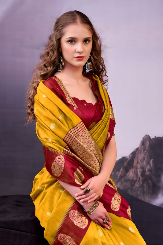Mustard Yellow Red Banarasi Silk Saree Golden Zari Border