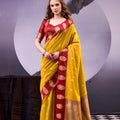  Mustard Yellow Red Banarasi Silk Saree Golden Zari Border 