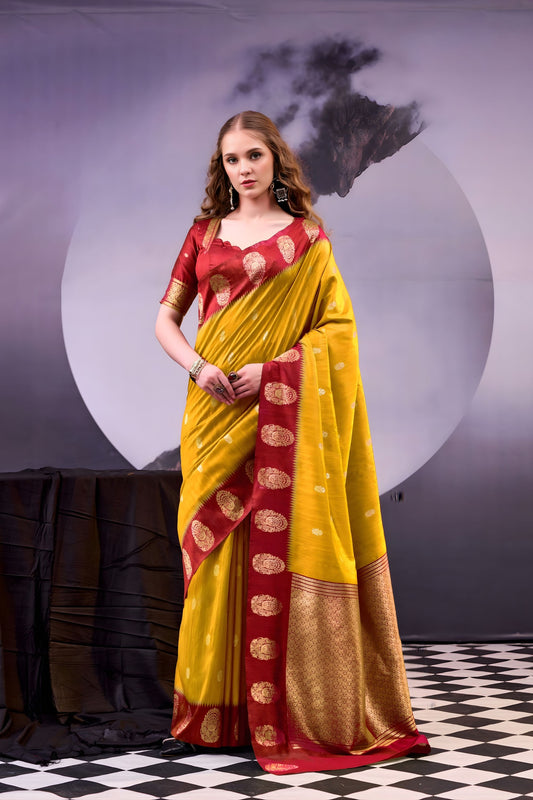  Mustard Yellow Red Banarasi Silk Saree Golden Zari Border 