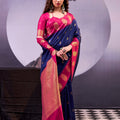 Royal Navy Blue Pink Banarasi Silk Saree Rich Zari Weaving Traditional Blouse 
