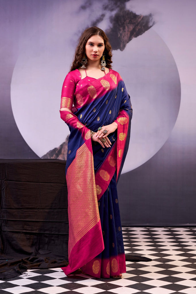 Royal Navy Blue Pink Banarasi Silk Saree Rich Zari Weaving Traditional Blouse 