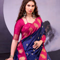 Royal Navy Blue Pink Banarasi Silk Saree Rich Zari Weaving Traditional Blouse