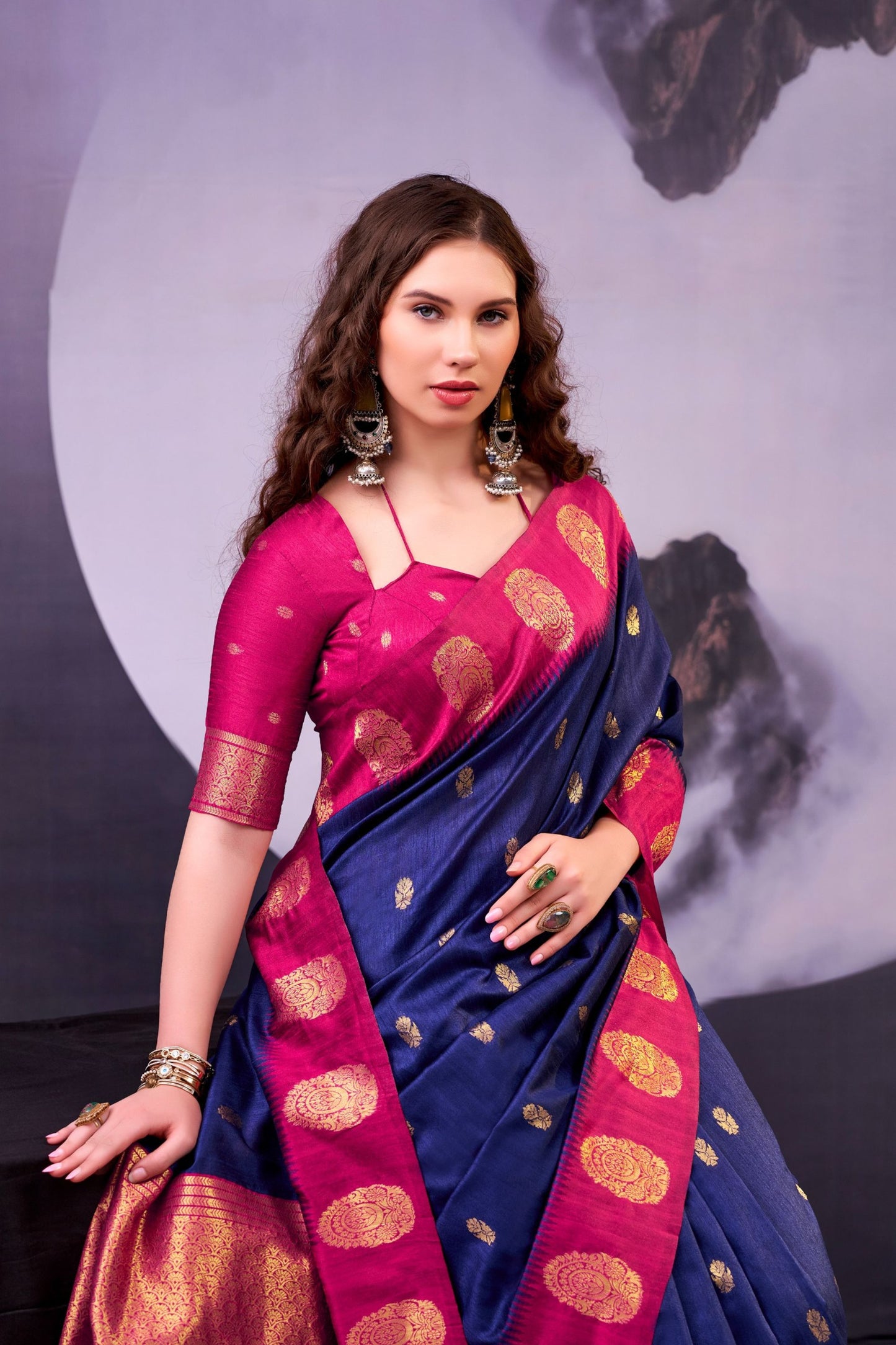 Royal Navy Blue Pink Banarasi Silk Saree Rich Zari Weaving Traditional Blouse