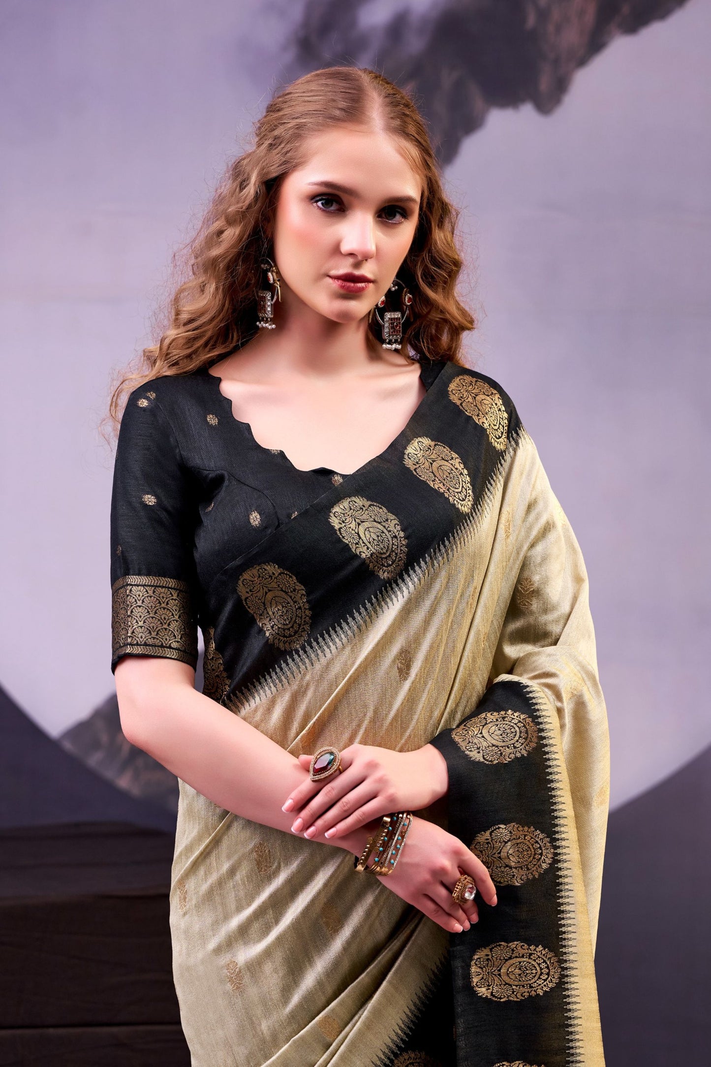 Black Beige Banarasi Silk Saree Rich Golden Zari Weaving Designer Blouse