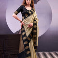 Black Beige Banarasi Silk Saree Rich Golden Zari Weaving Designer Blouse
