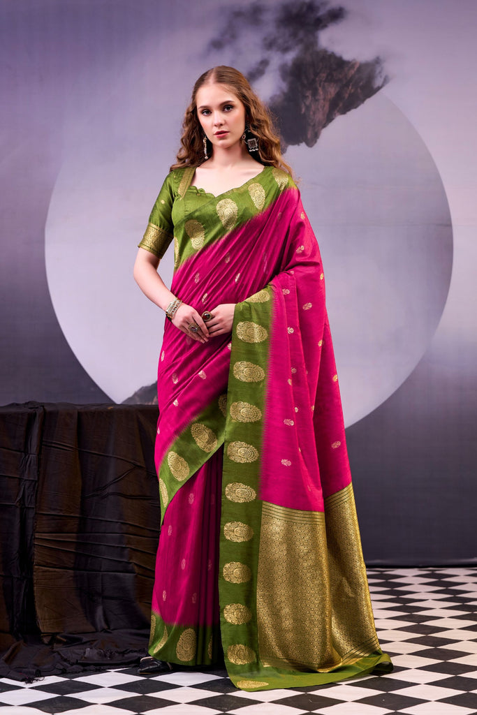 Rani Pink and Olive Green Banarasi Silk Saree Zari Woven Border 