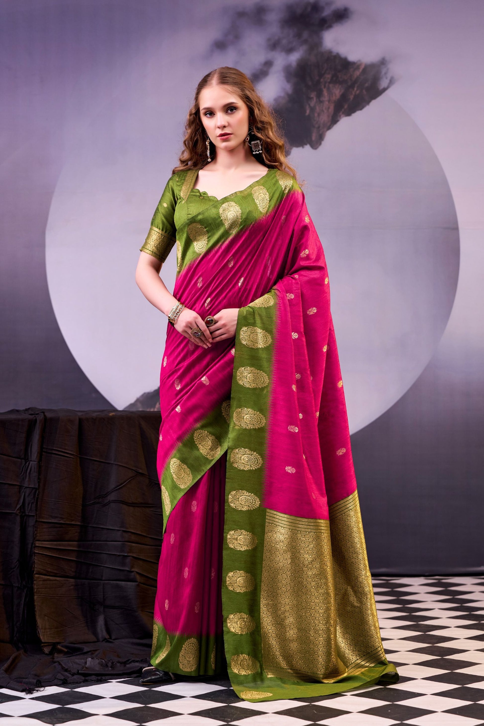 Rani Pink and Olive Green Banarasi Silk Saree Zari Woven Border 