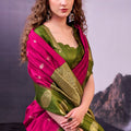 Rani Pink and Olive Green Banarasi Silk Saree Zari Woven Border