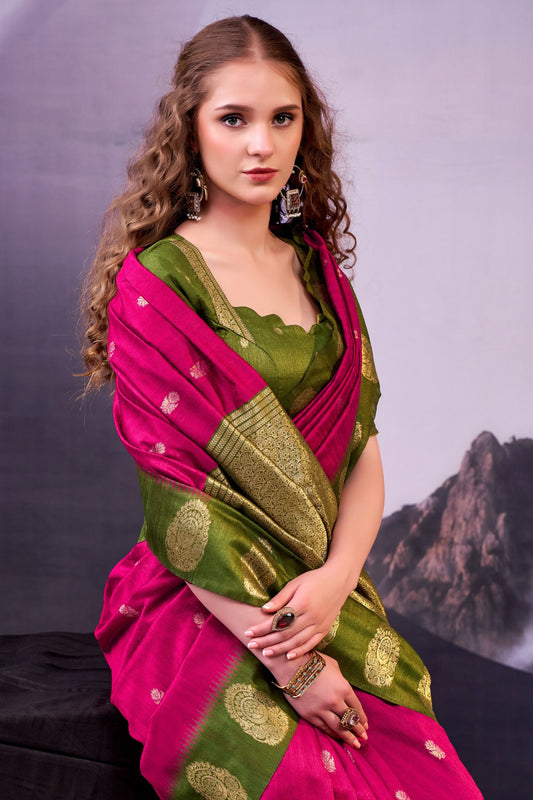 Rani Pink and Olive Green Banarasi Silk Saree Zari Woven Border