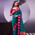Elegant Teal Blue and Rani Pink Banarasi Silk Saree with Rich Zari Woven Border 
