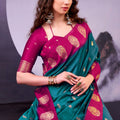 Elegant Teal Blue and Rani Pink Banarasi Silk Saree with Rich Zari Woven Border