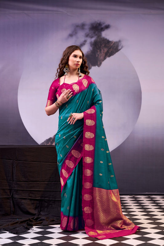 Elegant Teal Blue and Rani Pink Banarasi Silk Saree with Rich Zari Woven Border 