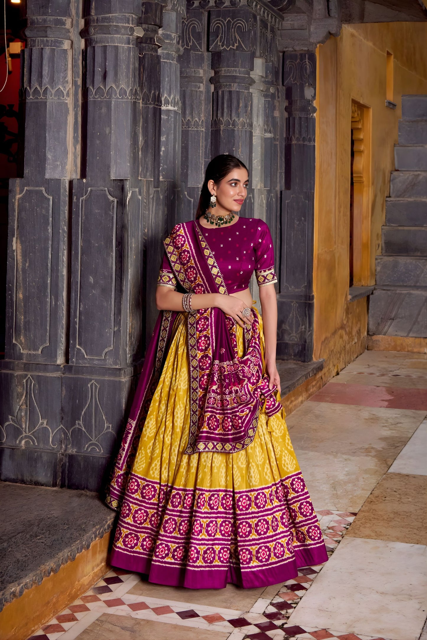 Royal Mustard Yellow Tussar Silk Lehenga Choli Patola Print Dupatta