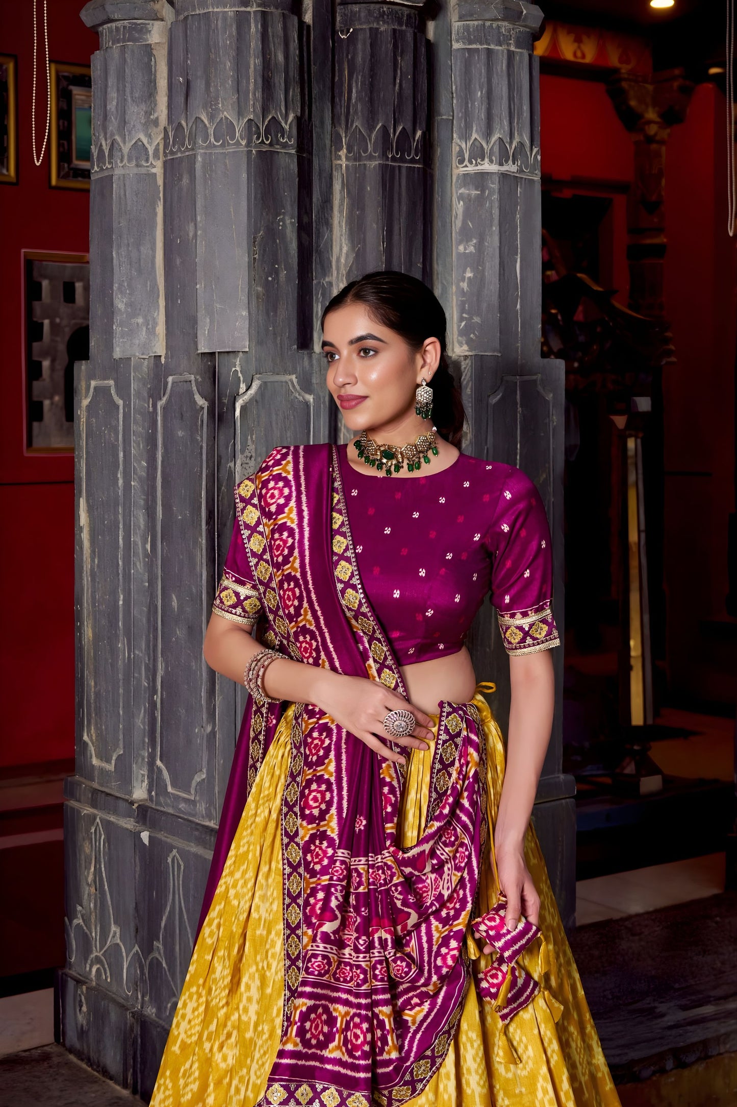 Royal Mustard Yellow Tussar Silk Lehenga Choli Patola Print Dupatta