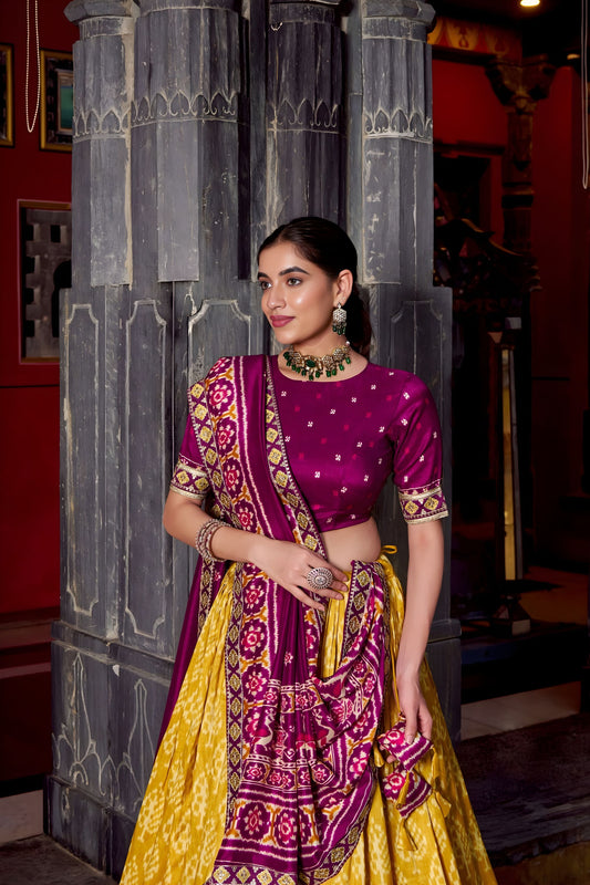 Royal Mustard Yellow Tussar Silk Lehenga Choli Patola Print Dupatta
