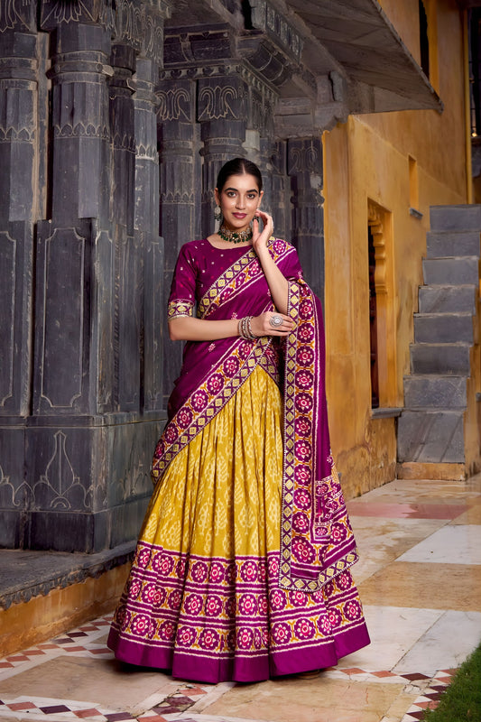 Royal Mustard Yellow End Magenta Tussar Silk Lehenga Choli Patola Print Dupatta