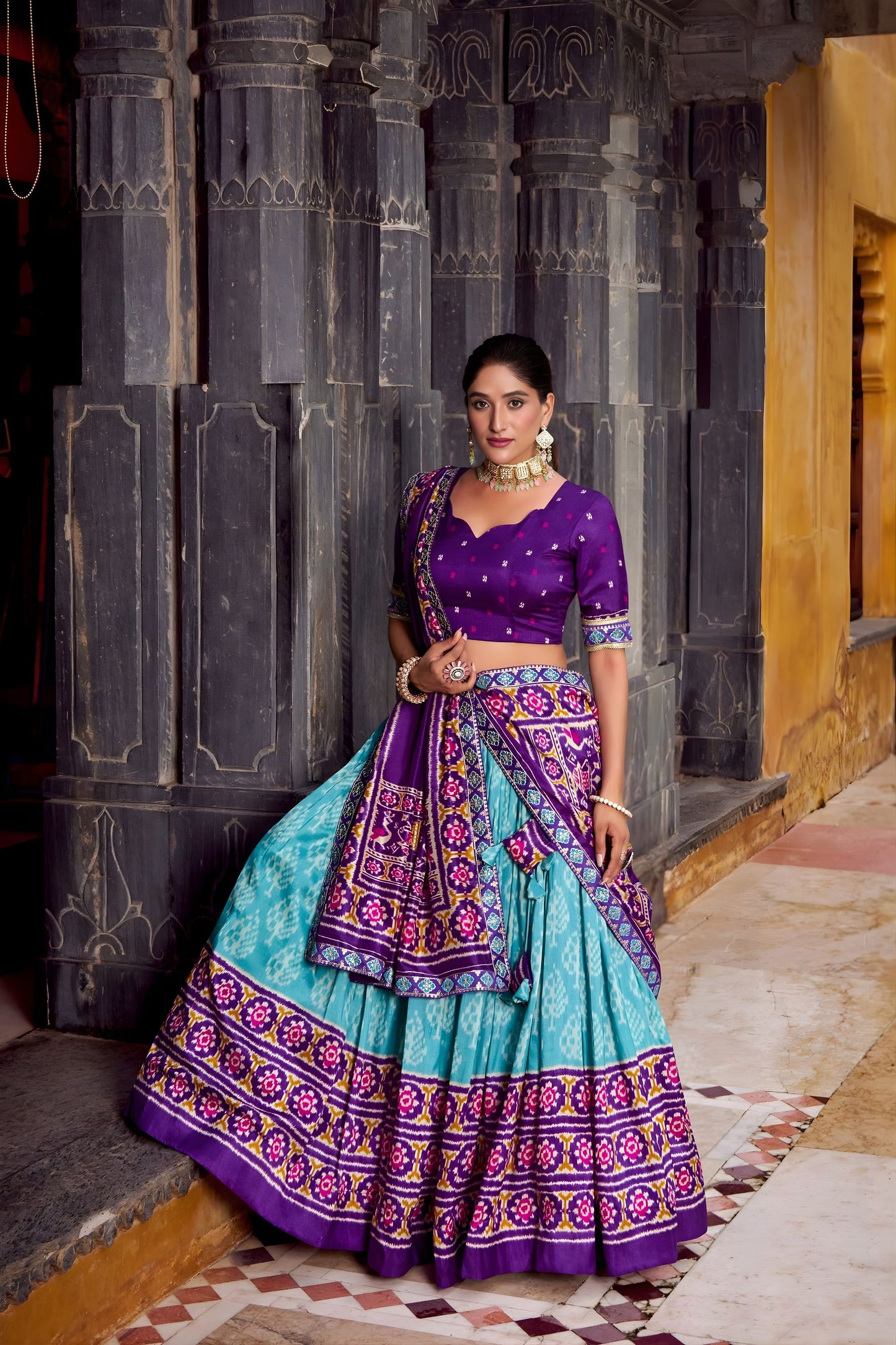 Royal Sky Blue Tussar Silk Lehenga Choli with Patola Print Dupatta