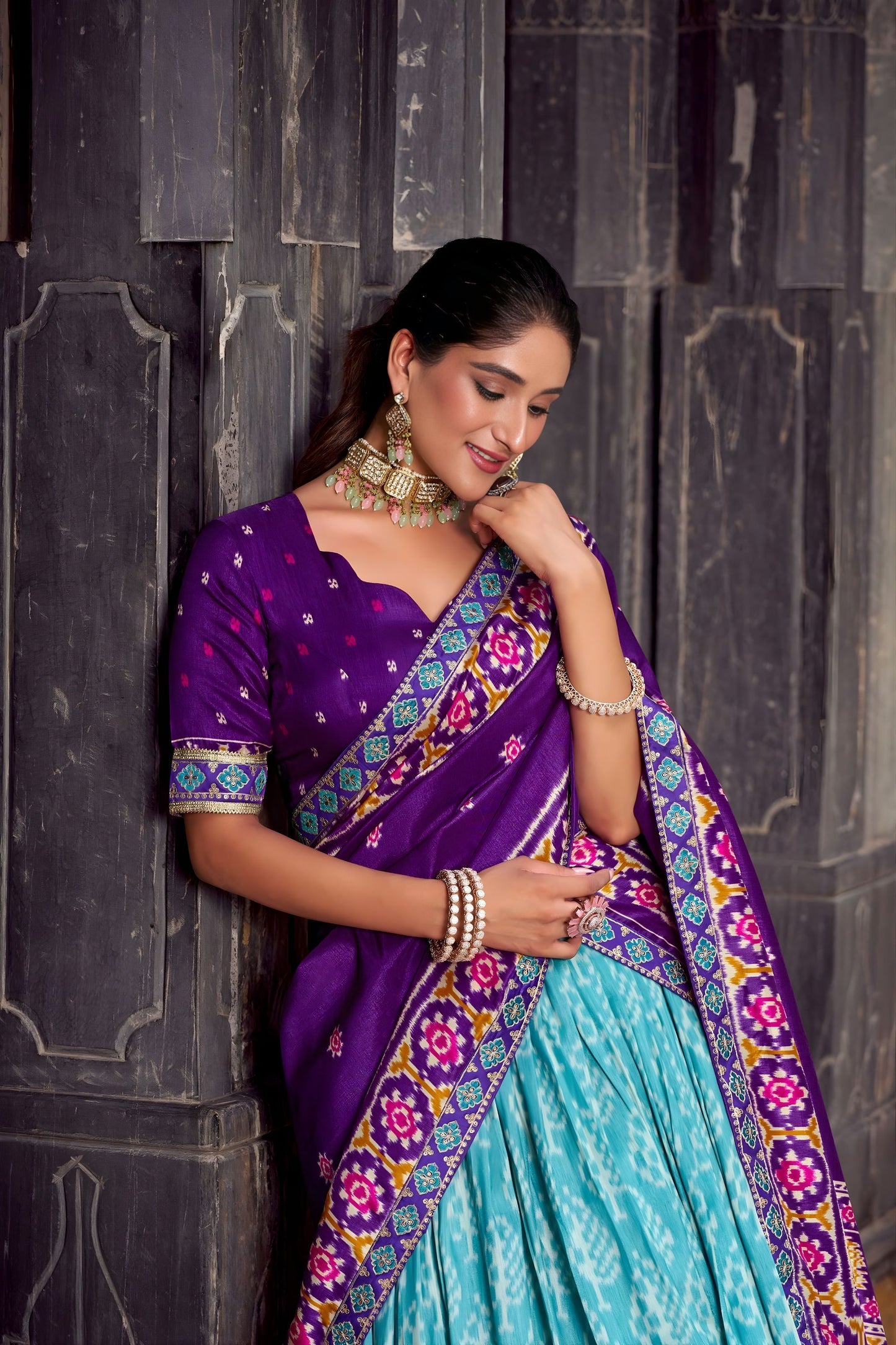 Royal Sky Blue Tussar Silk Lehenga Choli with Patola Print Dupatta