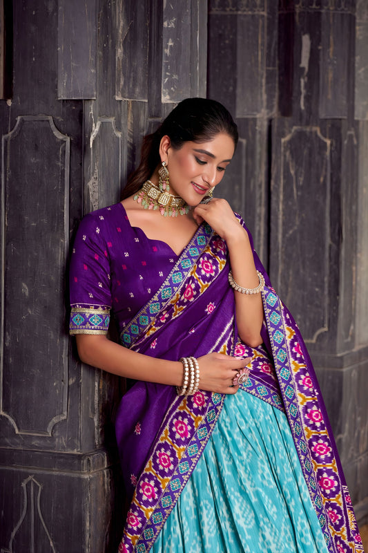 Royal Sky Blue Tussar Silk Lehenga Choli with Patola Print Dupatta