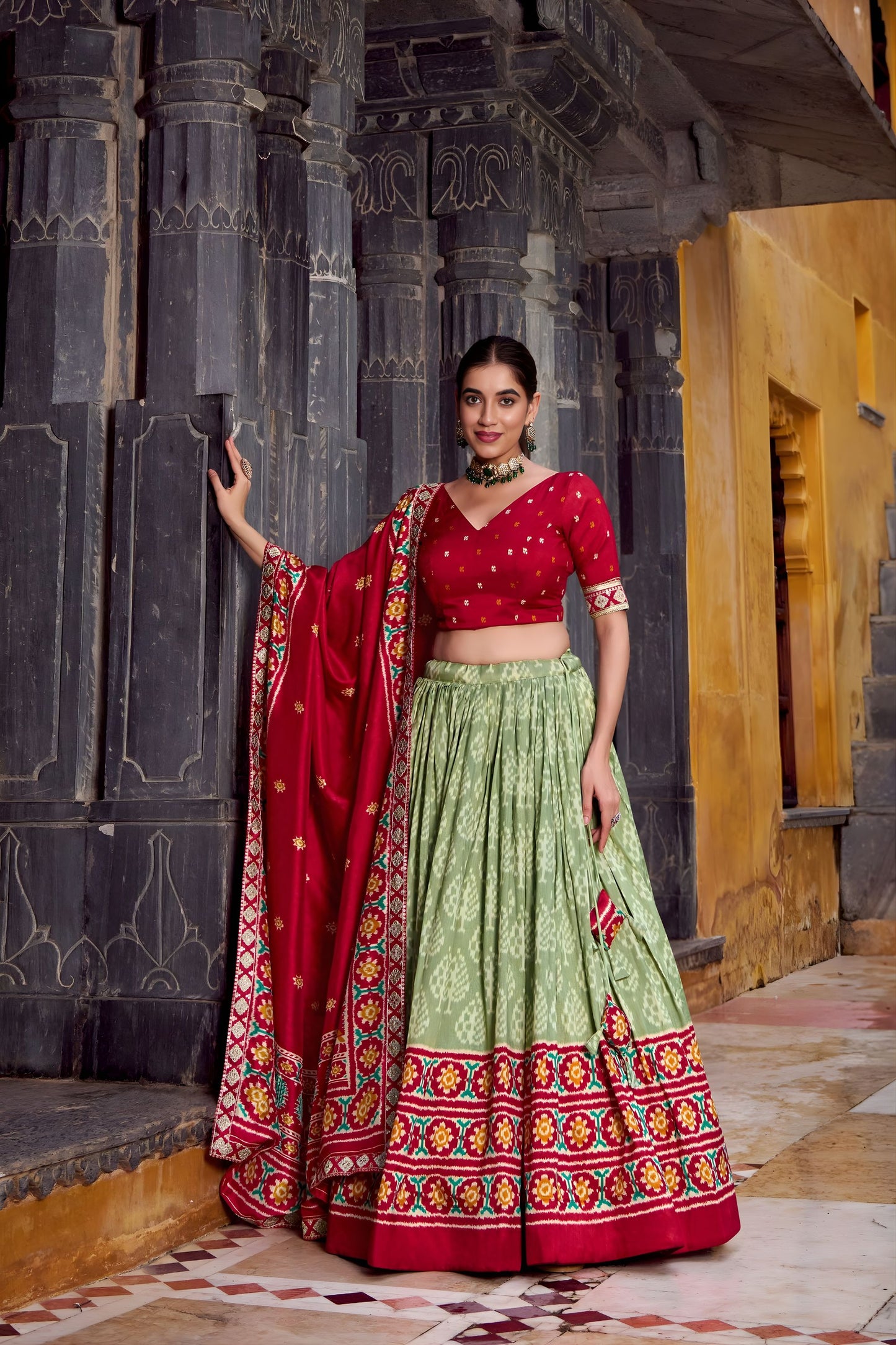 Elegant Pista Green Tussar Silk Lehenga Choli with Patola Print Dupatta