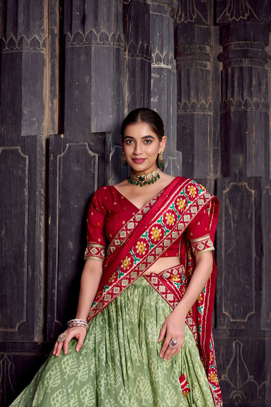 Elegant Pista Green Tussar Silk Lehenga Choli with Patola Print Dupatta