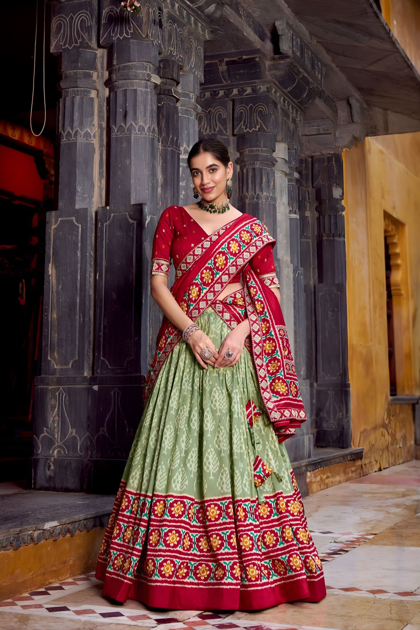 Elegant Pista Green Tussar Silk Lehenga Choli Patola Print Dupatta
