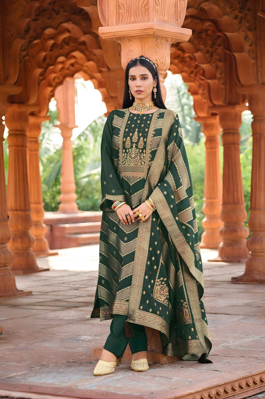 Royal Rama Green Banglori Silk Salwar Suit with Designer Woven Dupatta for Wedding