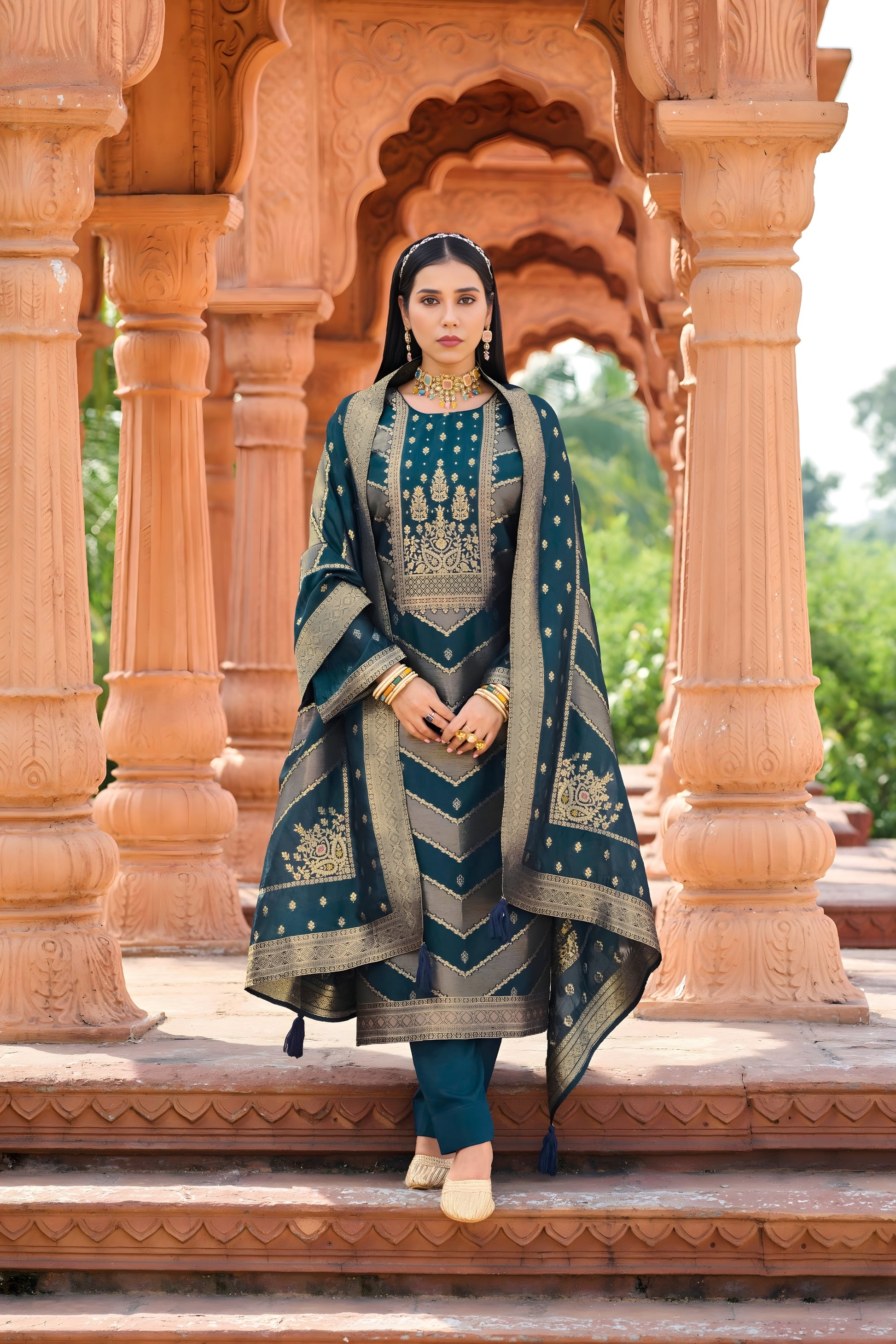 Stunning Teal Blue Banglori Silk Salwar Suit with Designer Woven Dupatta for Wedding