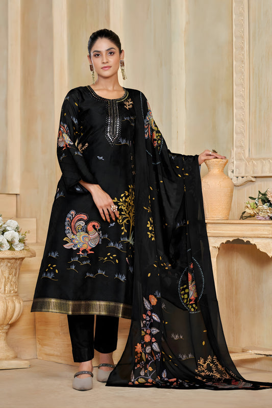 Stunning Black Silk Digital Printed Salwar Suit with Designer Dupatta for Women