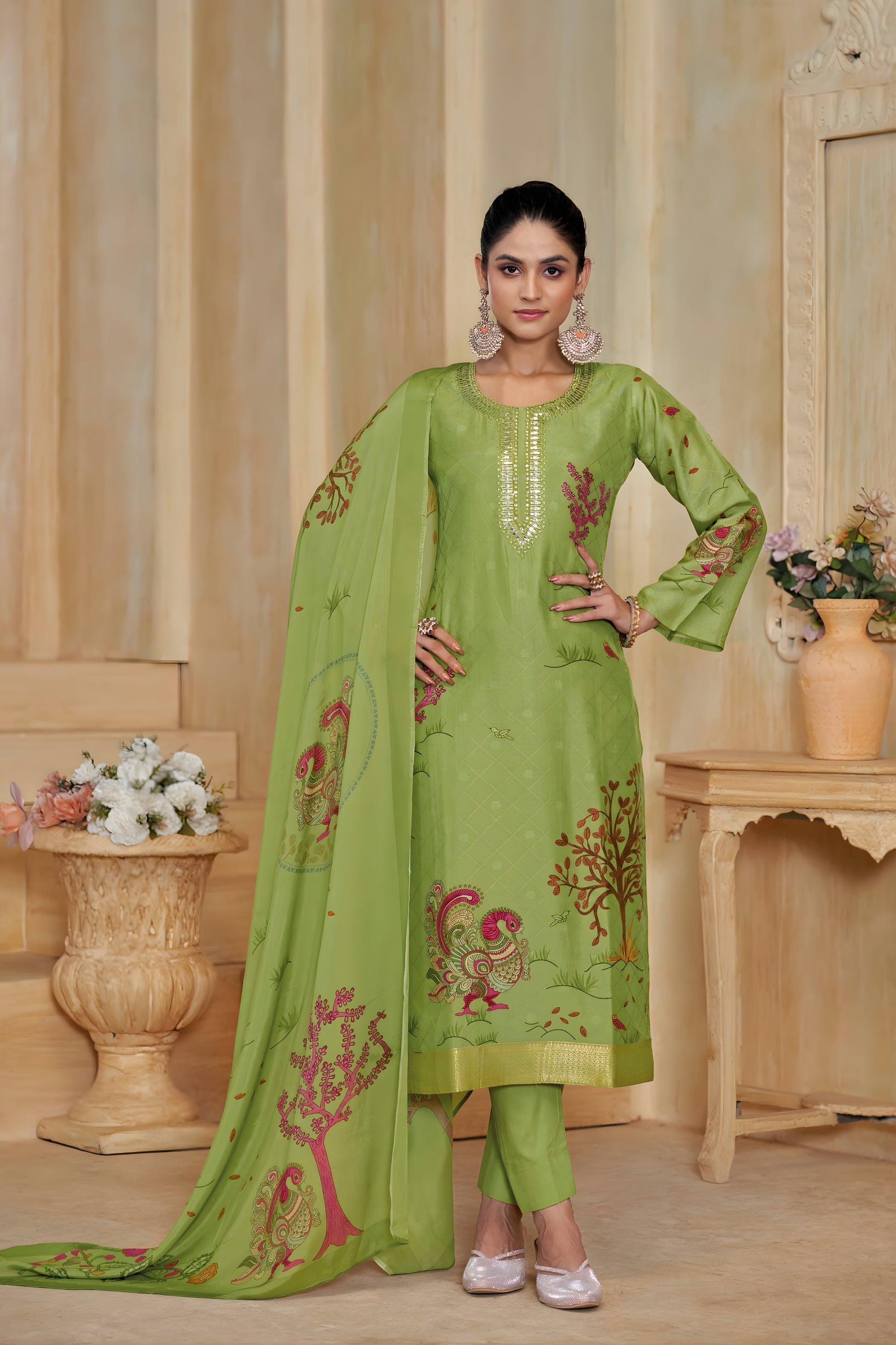 Trendy Pista Green Silk Digital Printed Salwar Suit with Designer Dupatta for Women