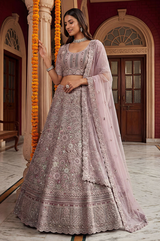 Luxury Mauve Net Embroidered Bridal Lehenga Choli Designer Dupatta for Wedding