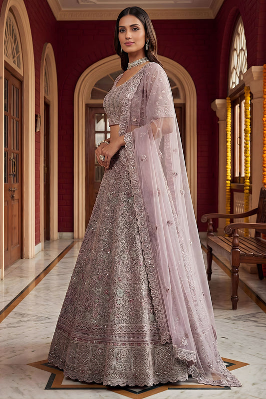 Luxury Mauve Net Embroidered Bridal Lehenga Choli Designer Dupatta for Wedding