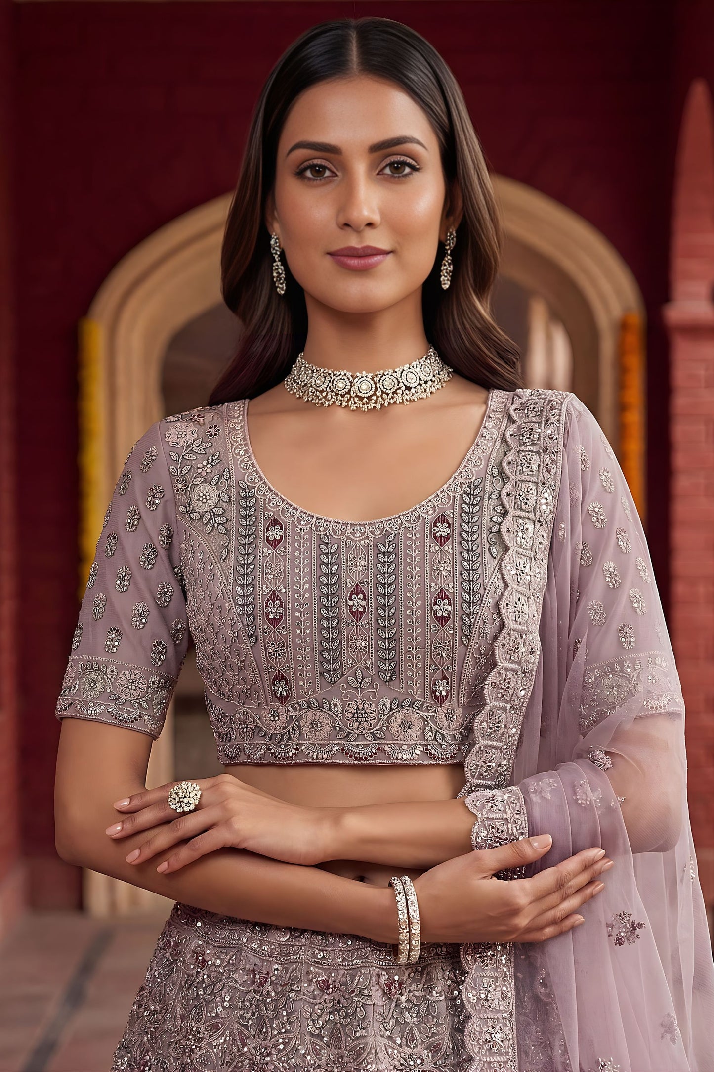 Luxury Mauve Net Embroidered Bridal Lehenga Choli Designer Dupatta for Wedding