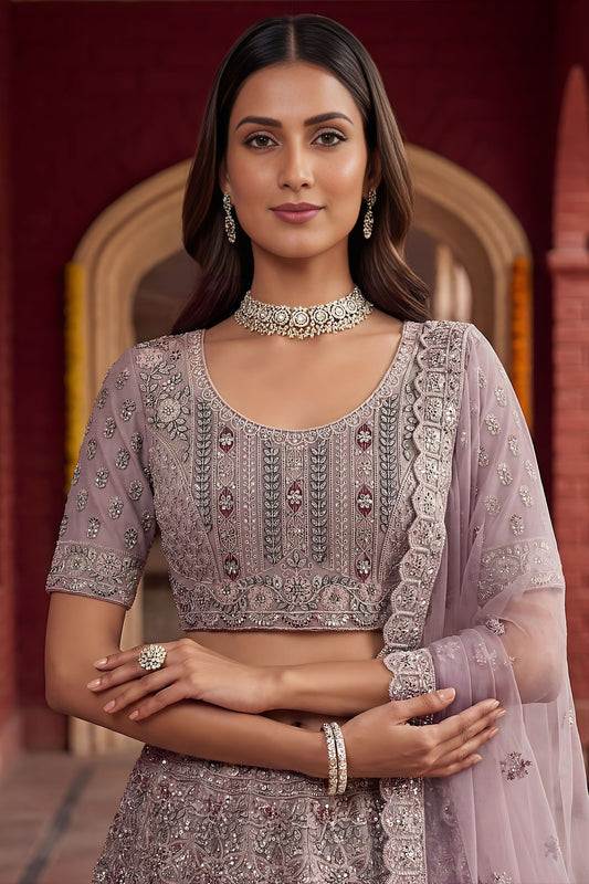Luxury Mauve Net Embroidered Bridal Lehenga Choli Designer Dupatta for Wedding