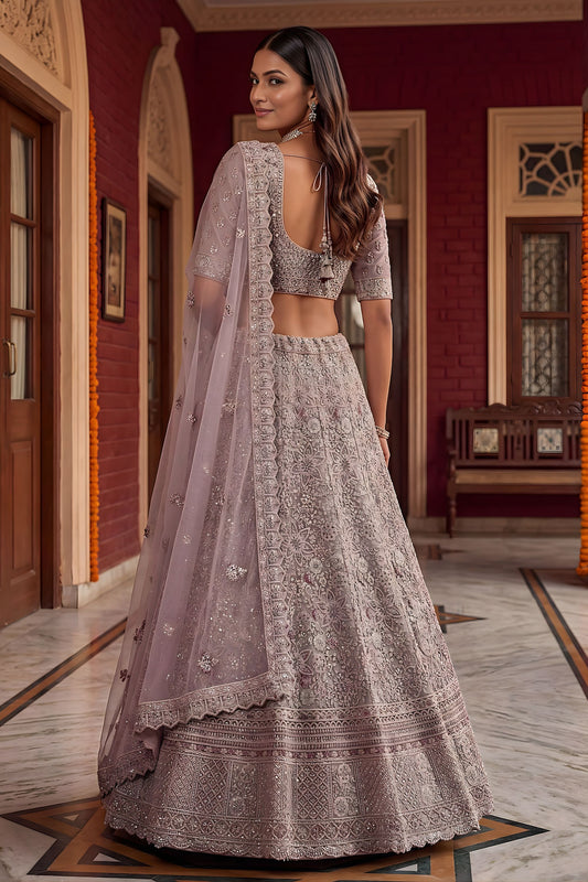 Luxury Mauve Net Embroidered Bridal Lehenga Choli Designer Dupatta for Wedding