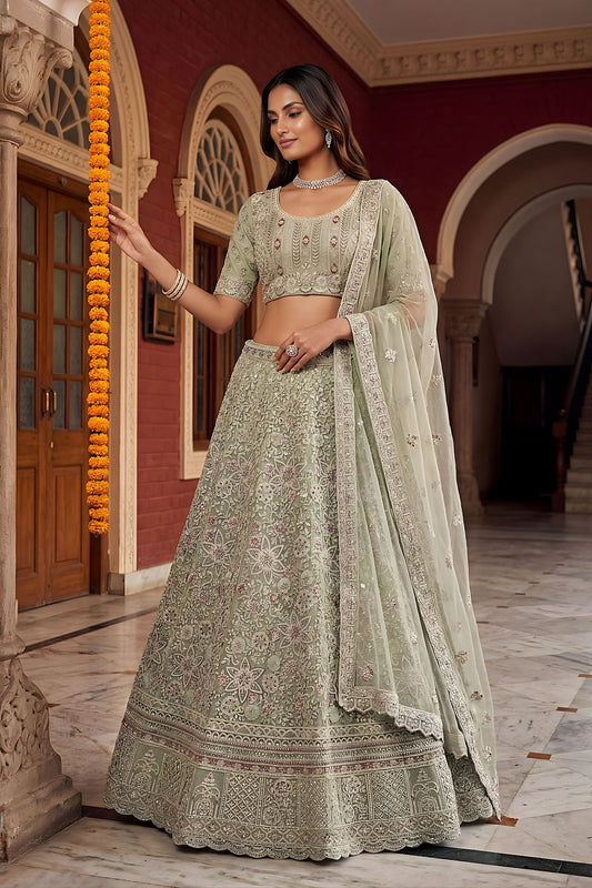 Luxury Pista Net Embroidered Bridal Lehenga Choli Designer Dupatta Wedding