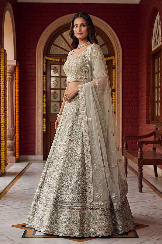Luxury Pista Net Embroidered Bridal Lehenga Choli Designer Dupatta Wedding