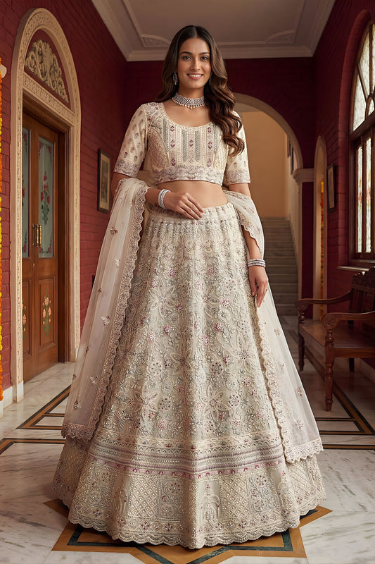 Luxury White Net Embroidered Bridal Lehenga Choli Designer Dupatta for Wedding