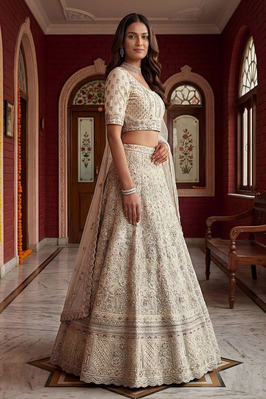 Luxury White Net Embroidered Bridal Lehenga Choli Designer Dupatta for Wedding