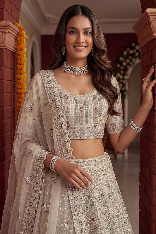 Luxury White Net Embroidered Bridal Lehenga Choli Designer Dupatta for Wedding