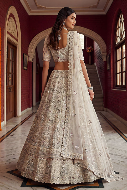 Luxury White Net Embroidered Bridal Lehenga Choli Designer Dupatta for Wedding