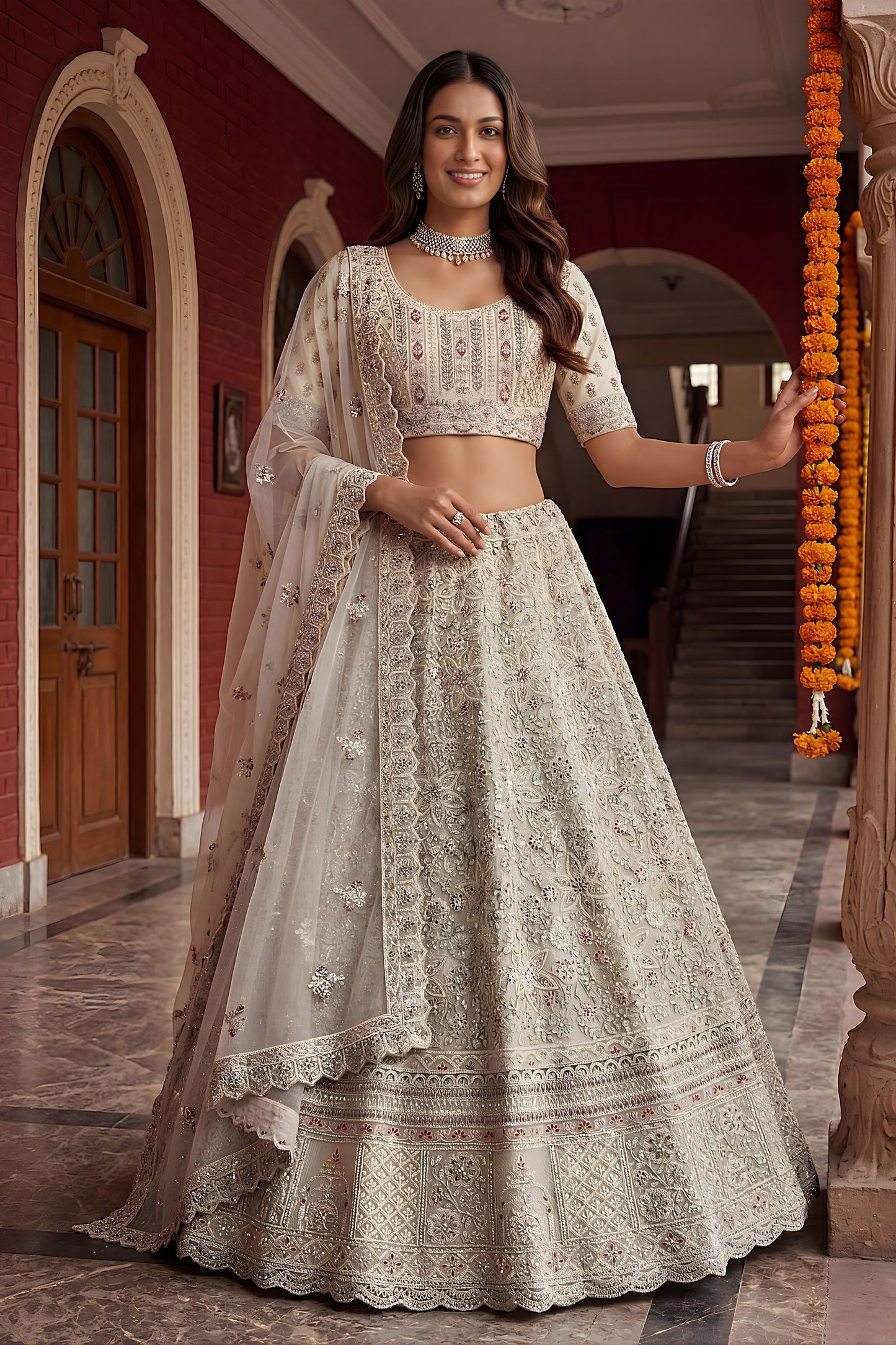 Luxury White Net Embroidered Bridal Lehenga Choli Designer Dupatta for Wedding