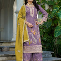 Stylish Purple Shimmer Embroidered Palazzo Suit Set with Mustard Dupatta