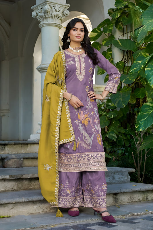 Stylish Purple Shimmer Embroidered Palazzo Suit Set with Mustard Dupatta