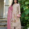 Elegant Beige Shimmer Embroidered Palazzo Suit Set with Pink Dupatta